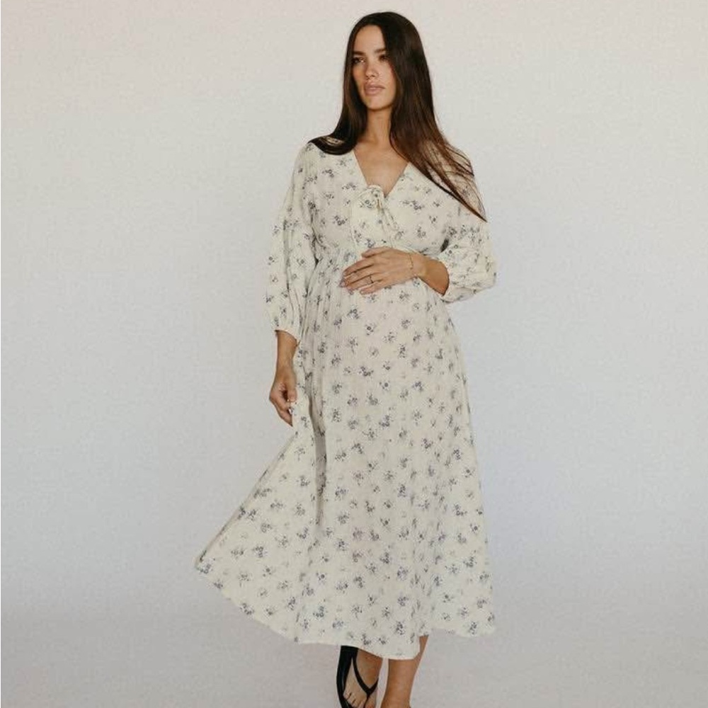 Floral Cream Maxi Dress with V-Neck